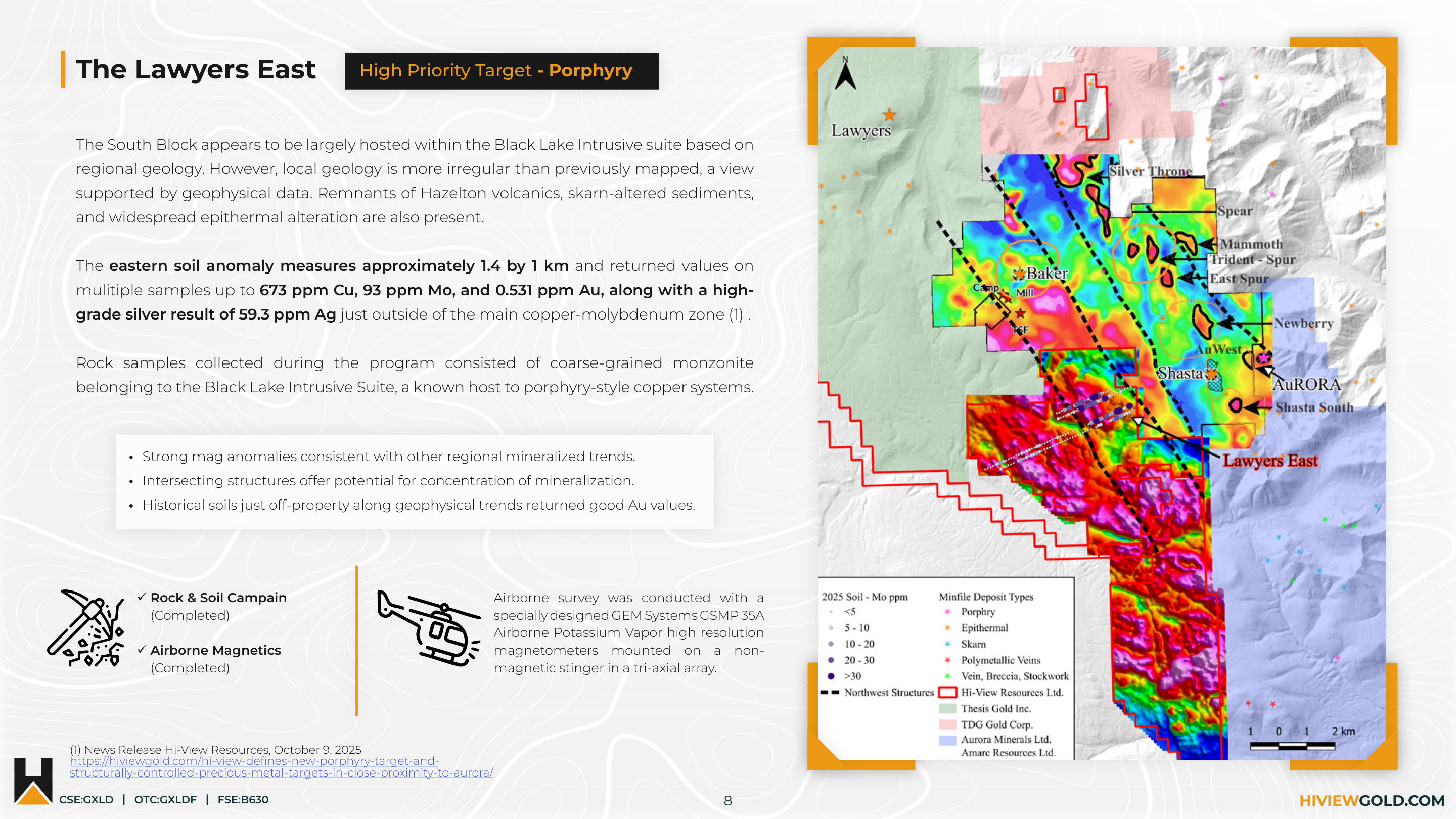 Lawyers East — Hi-View Resources property overview and geochemical map